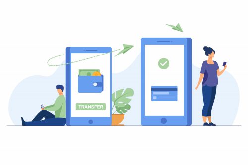 Man Transferring Money To Woman Via Smartphone