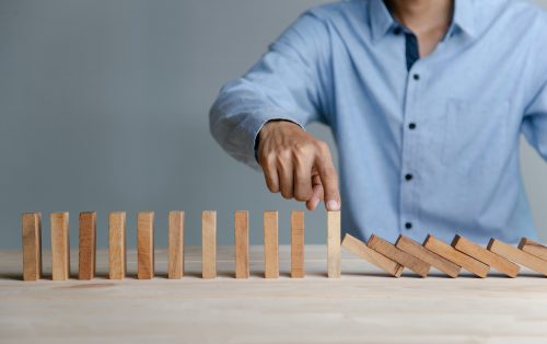 Businessman Hand Stopping Domino Wooden Effect Concept Planning Risk Strategy Business